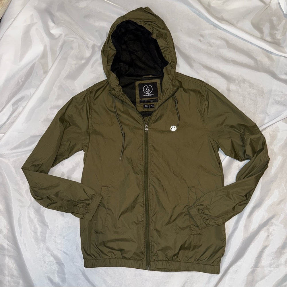 Volcom Men's Olive Green Hood Water Resist Nylon Rain‎ Coat/Jacket Wind Breaker